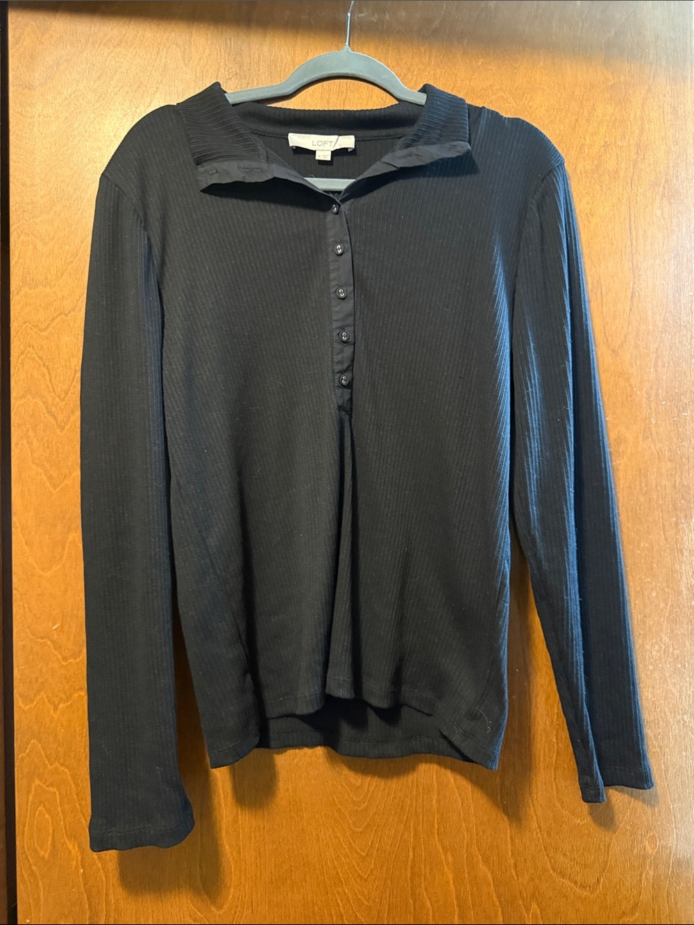 LOFT Black Ribbed Button-Front Long Sleeve Top
